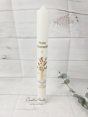 Preview: Kommunionkerze Baum bunt-gold oder in Wunschfarbe Kreuz, Wasser, Taube, Fisch