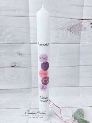 Kommunionkerze Kreise in Flieder-Rosa mit christlichen Symbolen