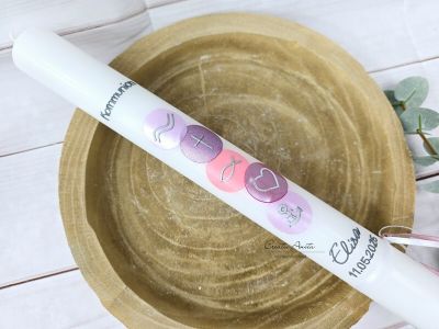 Kommunionkerze Kreise in Flieder-Rosa mit christlichen Symbolen