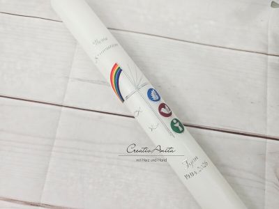Kommunionkerze Regenbogen bunt-silber oder in Wunschfarbe Ähre, Taube, Fische, Kreuz