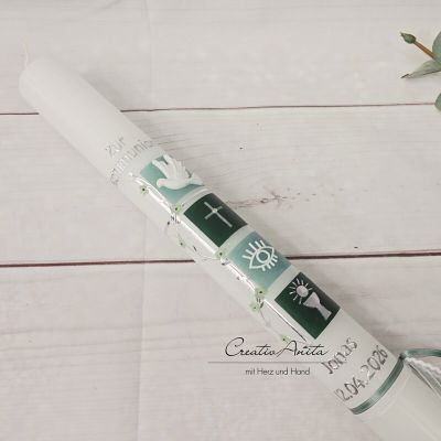 Preview: Kommunionkerze Quadrate mit Waldgrün-Grün-Grau-Eukalypthus mit christlichen Symbolen