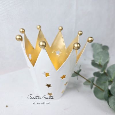 Krone Windlicht mit Sterne - gold-weiß