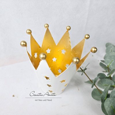 Krone Windlicht mit Sterne - gold-weiß