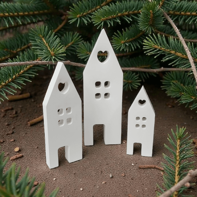 Weiße Handgemachte Lichthäuser mit HERZ - 3 Stück Dekohäuser aus Beton