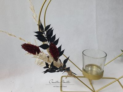 Preview: Krasilnikoff - Kerzenhalter Herzform Gold dekoriert mit Trockenblumen