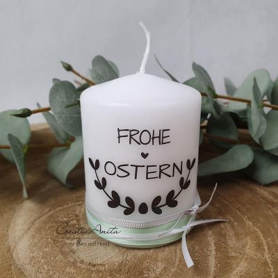 Osterkerze - Geschenkkerze - Kerze Kranz "Frohe Ostern" - mint-weiße Bänder
