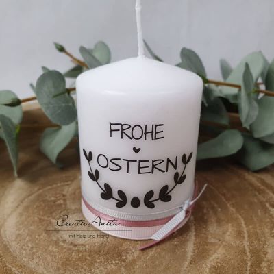 Osterkerze - Geschenkkerze - Kerze Kranz "Frohe Ostern" - rosa-graue Bänder