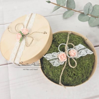 Ringkissen mit Moos in Holzbox - Vintage -Apricot-