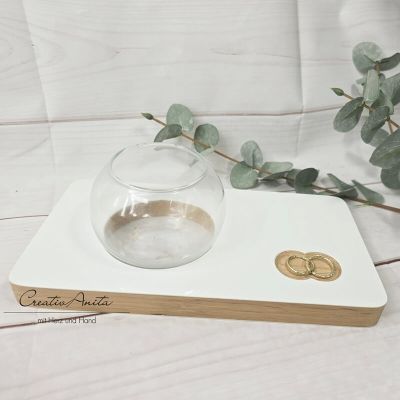 Preview: Ringkissen aus Holz mit bauchiger Vase - weiß-braun