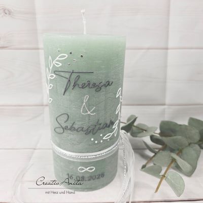 Hochzeitskerze Rustik mit/ohne Teelichteinsatz eukalypthus groß - Anthrazit & Silber, Blätter