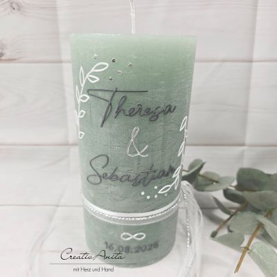 Hochzeitskerze Rustik mit/ohne Teelichteinsatz eukalypthus groß - Anthrazit & Silber, Blätter