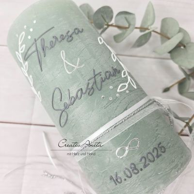Hochzeitskerze Rustik mit/ohne Teelichteinsatz eukalypthus groß - Anthrazit & Silber, Blätter