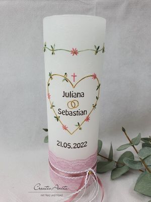 Preview: Hochzeitskerze Rustik weiß mit/ohne Teelichteinsatz - Blätterkranz