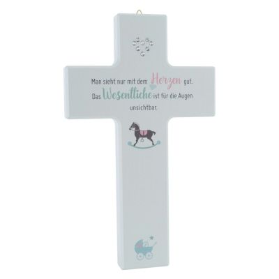 Preview: Kinderkreuz aus Holz weiß mit Herz aus Kristallsteinchen