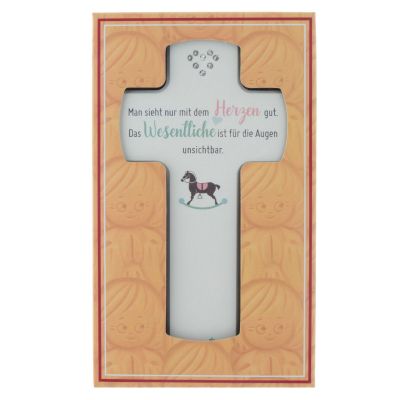 Preview: Kinderkreuz aus Holz weiß mit Herz aus Kristallsteinchen