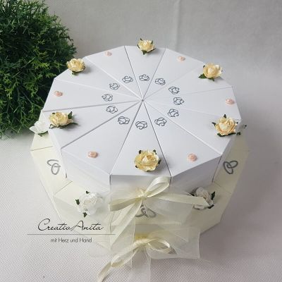 Schachteltorte 3-stöckig mit Perlen - Geldgeschenk Hochzeit CREME-WEISS-CREME