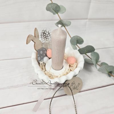 Preview: Geschenk zu Ostern - Herzschale mit Kerzenständer und österlich dekoriert