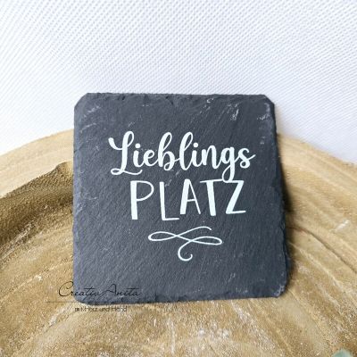 Untersetzer mit Spruch -Lieblingsplatz- aus Schiefer