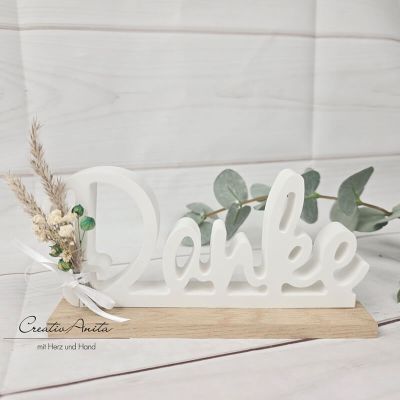 Geschenk -Danke- mit Trockenblumen in grün-natur auf Holz dekoriert