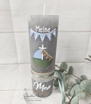 Preview: Taufkerze Rustikkerze Junge - mit Segelboot