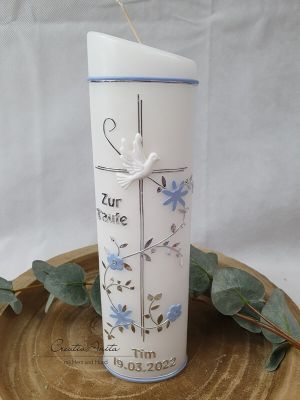 Preview: Taufkerze Kreuz - Hellblau-Silber mit Taube Ellipse schmal - Junge - personalisiert