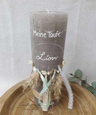 Taufkerze Rustikkerze -Boho-Stil- mit Teelicht Silber, Mint mit Pampasgras