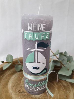 Taufkerze Rustikkerze -Boot- Junge - mit Kreuz grau-weiß-mint