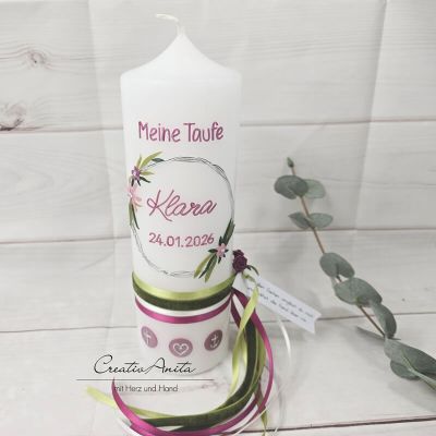 Preview: Taufkerze glatt Mädchen Blumenkreis weiß-beere perlmutt