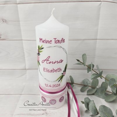 Taufkerze glatt Mädchen Blumenkreis weiß-beere perlmutt mit Spitzenband