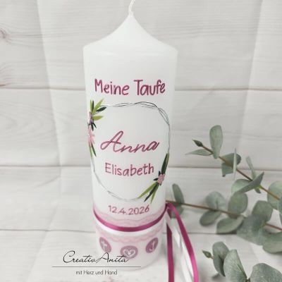 Preview: Taufkerze glatt Mädchen Blumenkreis weiß-beere perlmutt mit Spitzenband