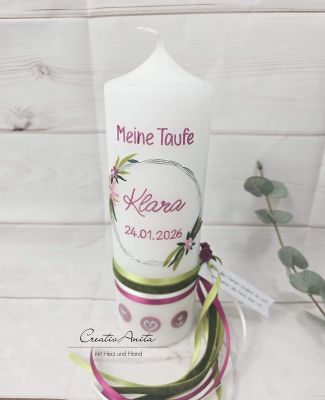 Preview: Taufkerze glatt Mädchen Blumenkreis weiß-beere perlmutt