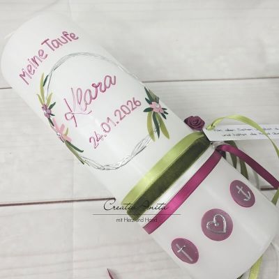 Taufkerze glatt Mädchen Blumenkreis weiß-beere perlmutt