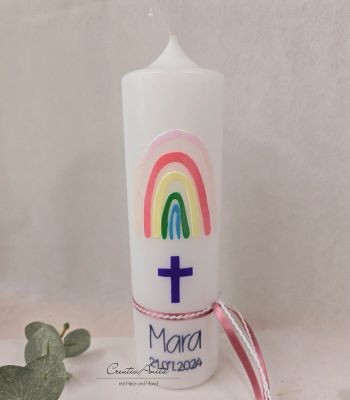 Taufkerze mit Regenbogen, Kreuz und Schleifenbänder -rosa-pastell-