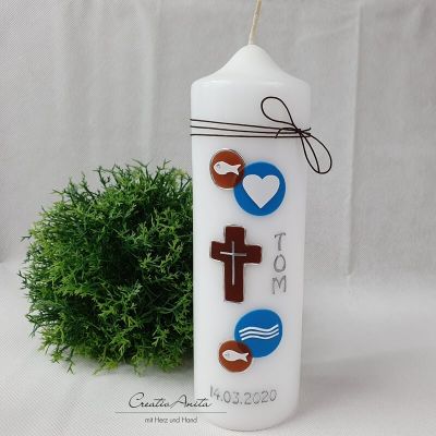 Taufkerze Christlich in Blau-Braun - personalisiert inkl. Aufbewahrungsbox