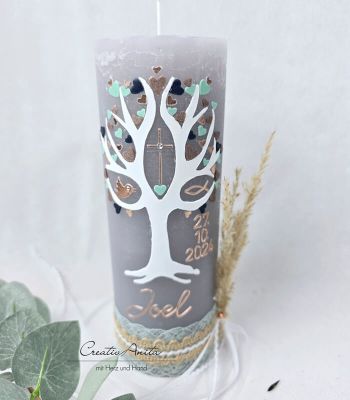 Preview: Taufkerze Rustikkerze mit Lebensbaum - Herzen in Roségold-Mint