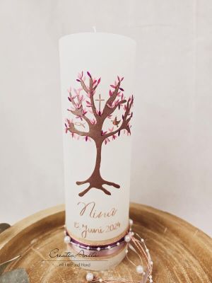 Preview: Taufkerze Rustikkerze mit Lebensbaum und christlichen Symbolen Weiß-Roségold, Metallic Braun, Altrosa, Aubergine mit/ohne Teelichteinsatz