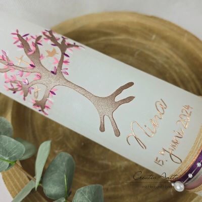 Preview: Taufkerze Rustikkerze mit Lebensbaum und christlichen Symbolen Weiß-Roségold, Metallic Braun, Altrosa, Aubergine mit/ohne Teelichteinsatz