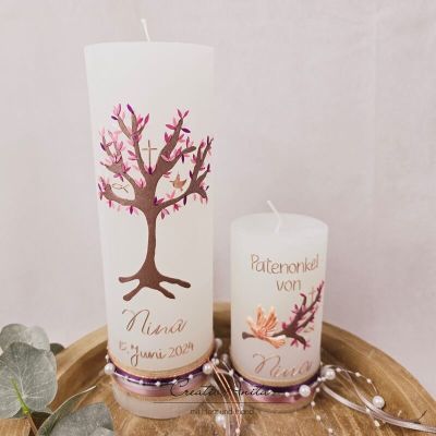 Preview: Taufkerze Rustikkerze mit Lebensbaum und christlichen Symbolen Weiß-Roségold, Metallic Braun, Altrosa, Aubergine mit/ohne Teelichteinsatz