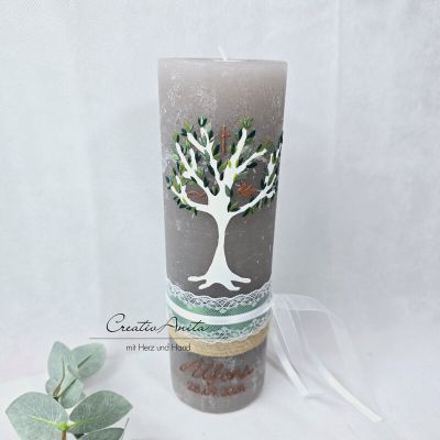 Preview: Taufkerze Rustikkerze mit Lebensbaum und christlichen Symbolen Schlamm-Grün-Kupfer mit/ohne Teelichteinsatz