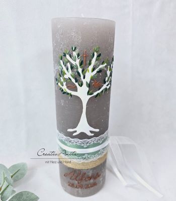 Preview: Taufkerze Rustikkerze mit Lebensbaum und christlichen Symbolen Schlamm-Grün-Kupfer mit/ohne Teelichteinsatz