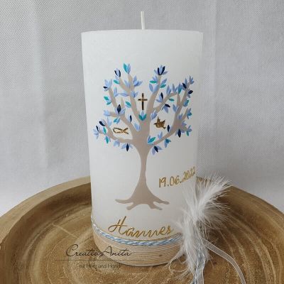 Taufkerze Rustik weiß groß - Lebensbaum mit christlichen Symbolen - blau, taupe