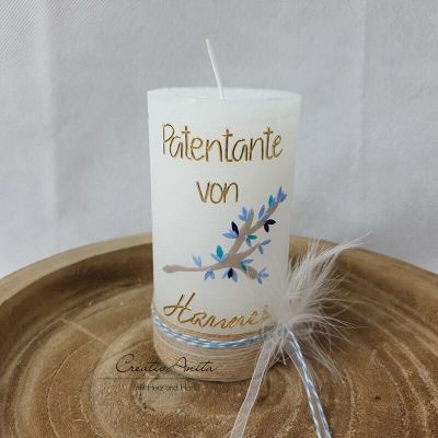 Preview: Taufkerze Rustikkerze mit Lebensbaum und christlichen Symbolen weiß-blau-taupe