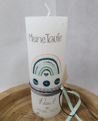 Preview: Taufkerze Rustikkerze mit Regenbogen verziert weiß-petrol-mint-silber