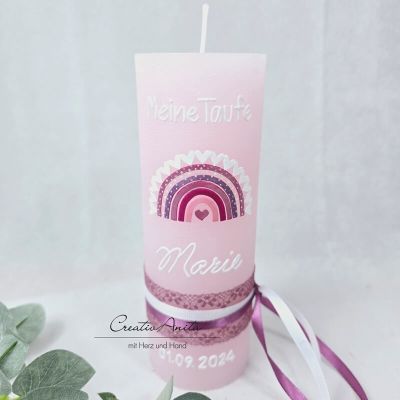 Preview: Taufkerze Rustikkerze mit Regenbogen und Herzen -rosa-beere-weiß- verziert  mit/ohne Teelichteinsatz