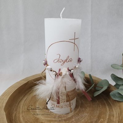 Taufkerze Rustikkerze -Boho-Stil- Mädchen Weiß-Rosegold - romantisch