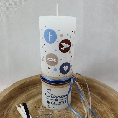 Taufkerze Rustikkerze Weiß verziert mit Kreisen und christlichen Symbolen