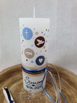 Taufkerze Rustikkerze Weiß verziert mit Kreisen und christlichen Symbolen