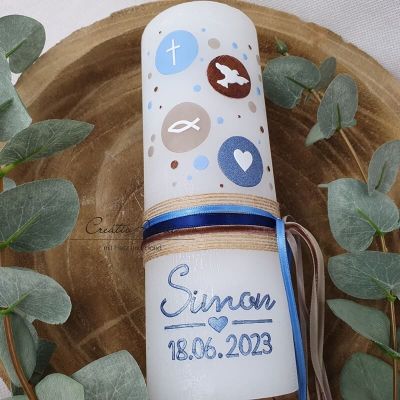 Preview: Taufkerze Rustikkerze Weiß verziert mit Kreisen und christlichen Symbolen