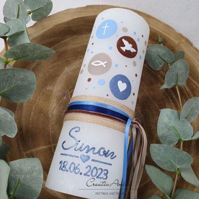 Preview: Taufkerze Rustikkerze Weiß verziert mit Kreisen und christlichen Symbolen