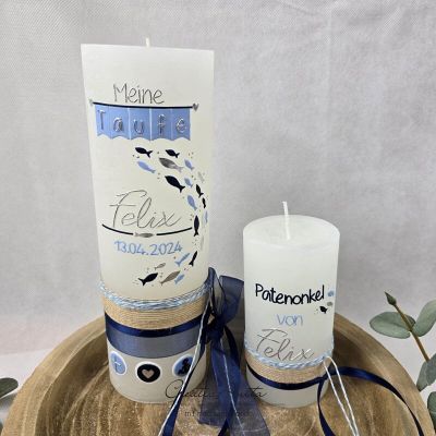 Preview: Patenkerze passend zur Taufkerze -Fische in Blau-Silber